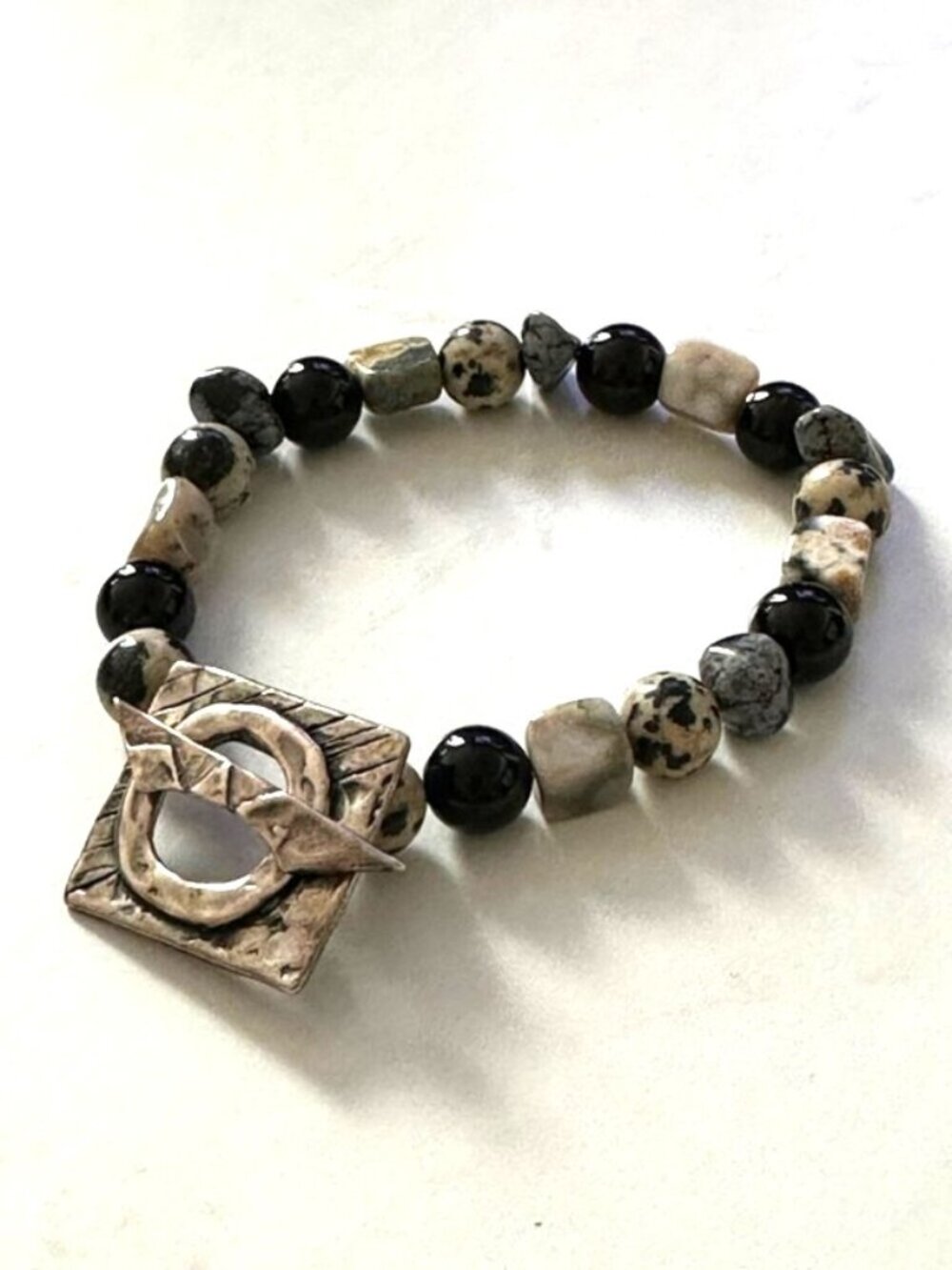 BEADED GEMSTONE Toggle Clasp Bracelet Dalmatian Jasper, Snowflake Obsidian, Onyx
